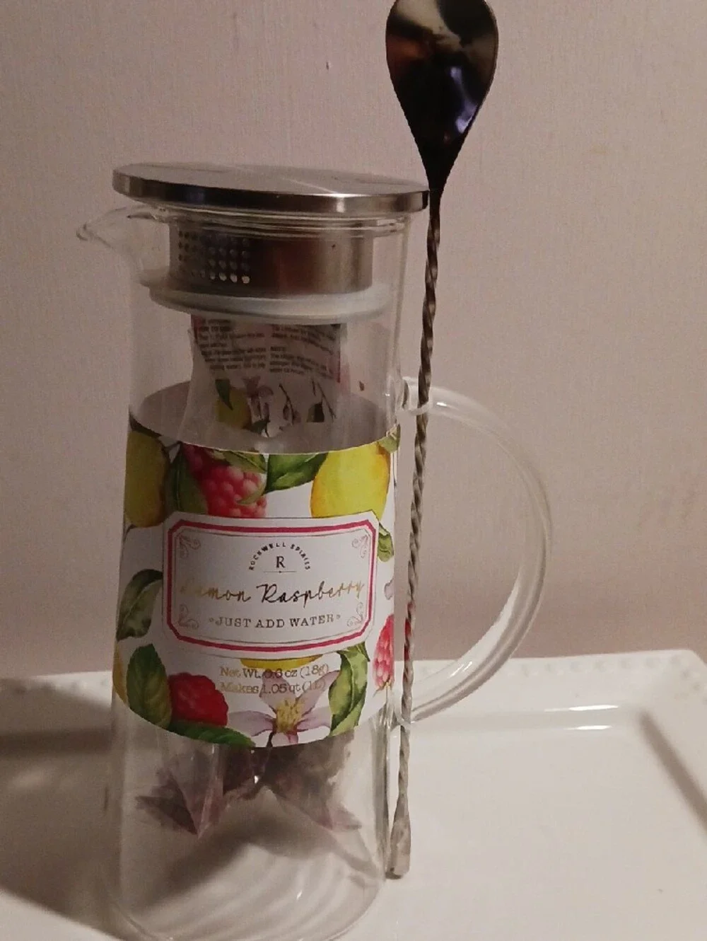 Glass Lemon Raspberry Infuser Pitcher with Stainless Lid and Stirring Spoon 🍋🍊